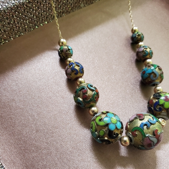 Vintage 14k Gold Cloisonne Bead Necklace - Picture 3 of 9
